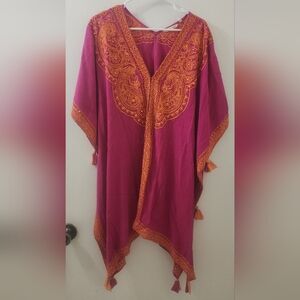 Soft Surroundings Vibrant Pink and Orange Embroidered Poncho, Size L/XL.